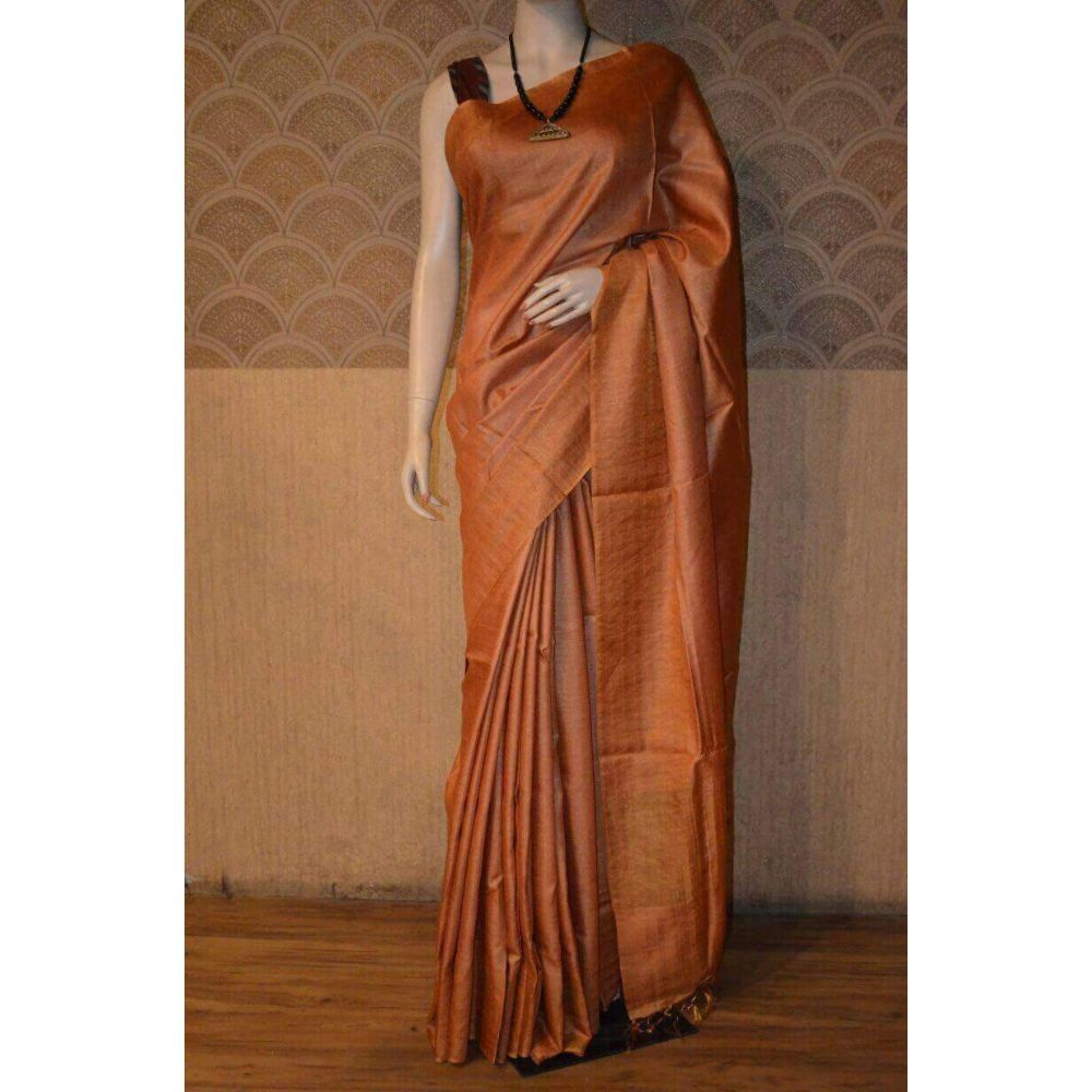 Silkmark Certified Moonga Tussar Brown Silk Saree with Running Blouse Handcrafted-Indiehaat
