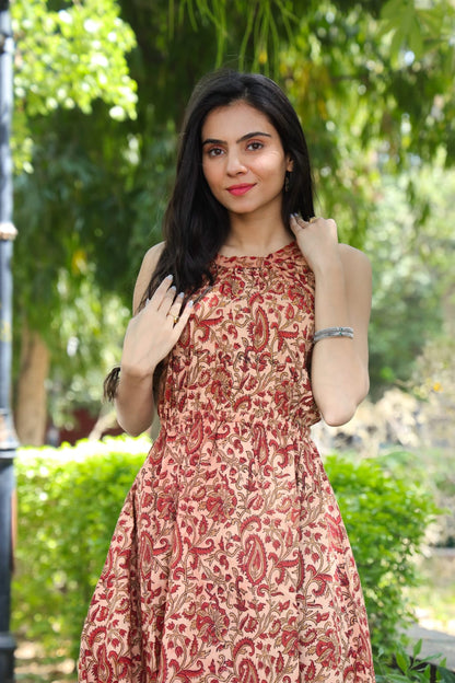 Pure Cotton Halter Neck Midi Orange Dress Hand Block Printed