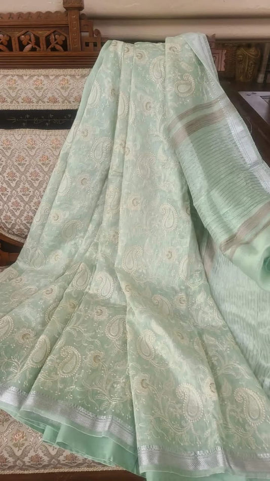 Pure Kota Linen Embroidery Saree Zanah Green Colour with running blouse-Indiehaat