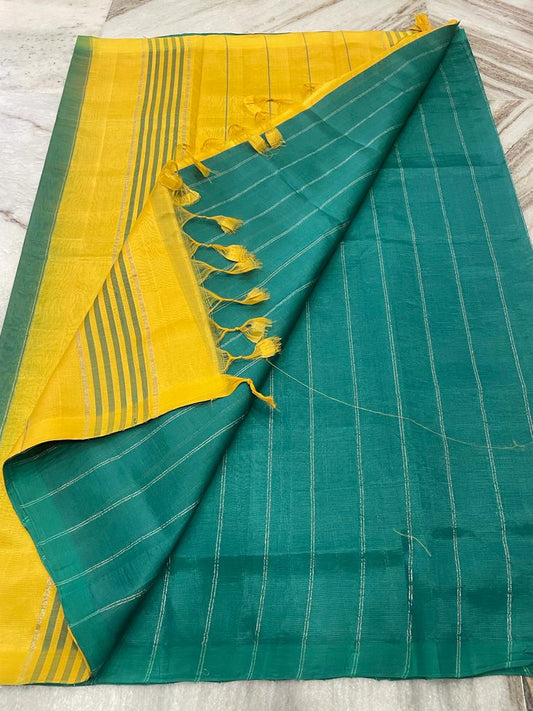 Mangalagiri Plain Pattu Saree Teal Green Color with Zari Line Weaving, Contrast Pallu and Blouse