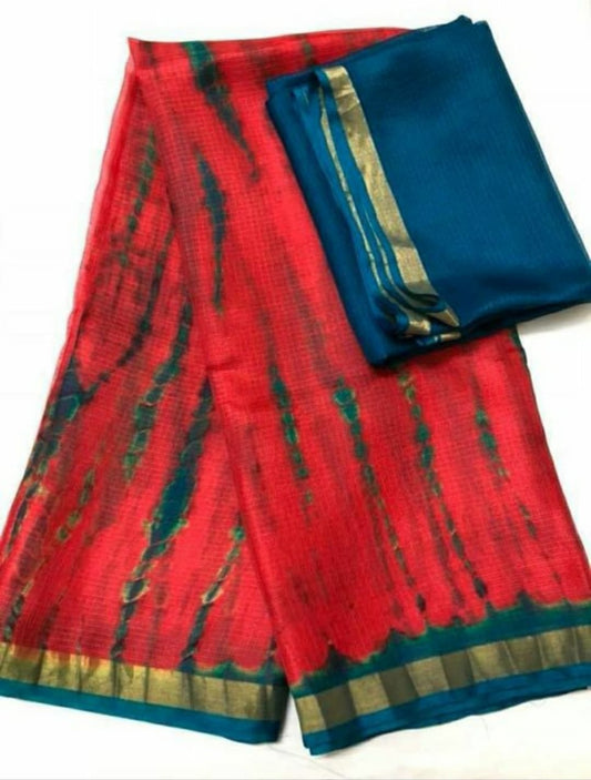 Pure Silk Kota Doria Multi Tye-Dye Sarees Amarnath Red Color with running blouse-Indiehaat