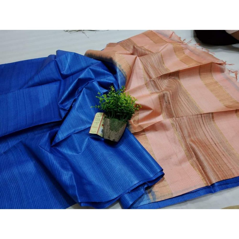 Silkmark Certified Eri Tussar Striped Blue Body Saree with Peach Pallu Colour Blouse-Indiehaat