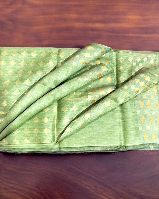 Pure Silk Linen Handloom Saree Pastel Green Color with Weaving Pattern Design and running blouse - IndieHaat