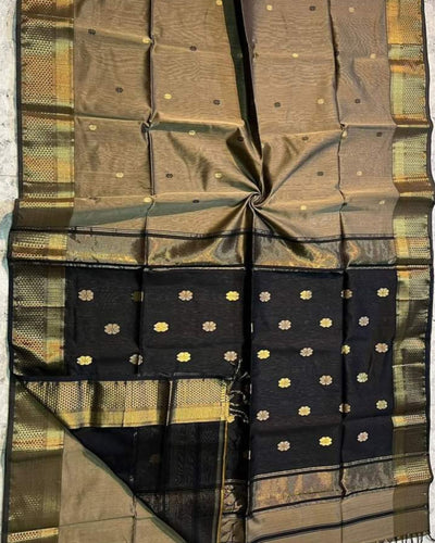 Maheshwari Silk Saree Light Brown Color Handloom Handwoven Zari Border with flower Buti work pallu and contrast blouse - IndieHaat