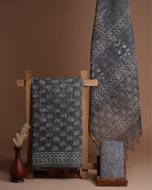 Kota Doria Suit (Top+Bottom+Dupatta) Grey Color Handblock printed - IndieHaat