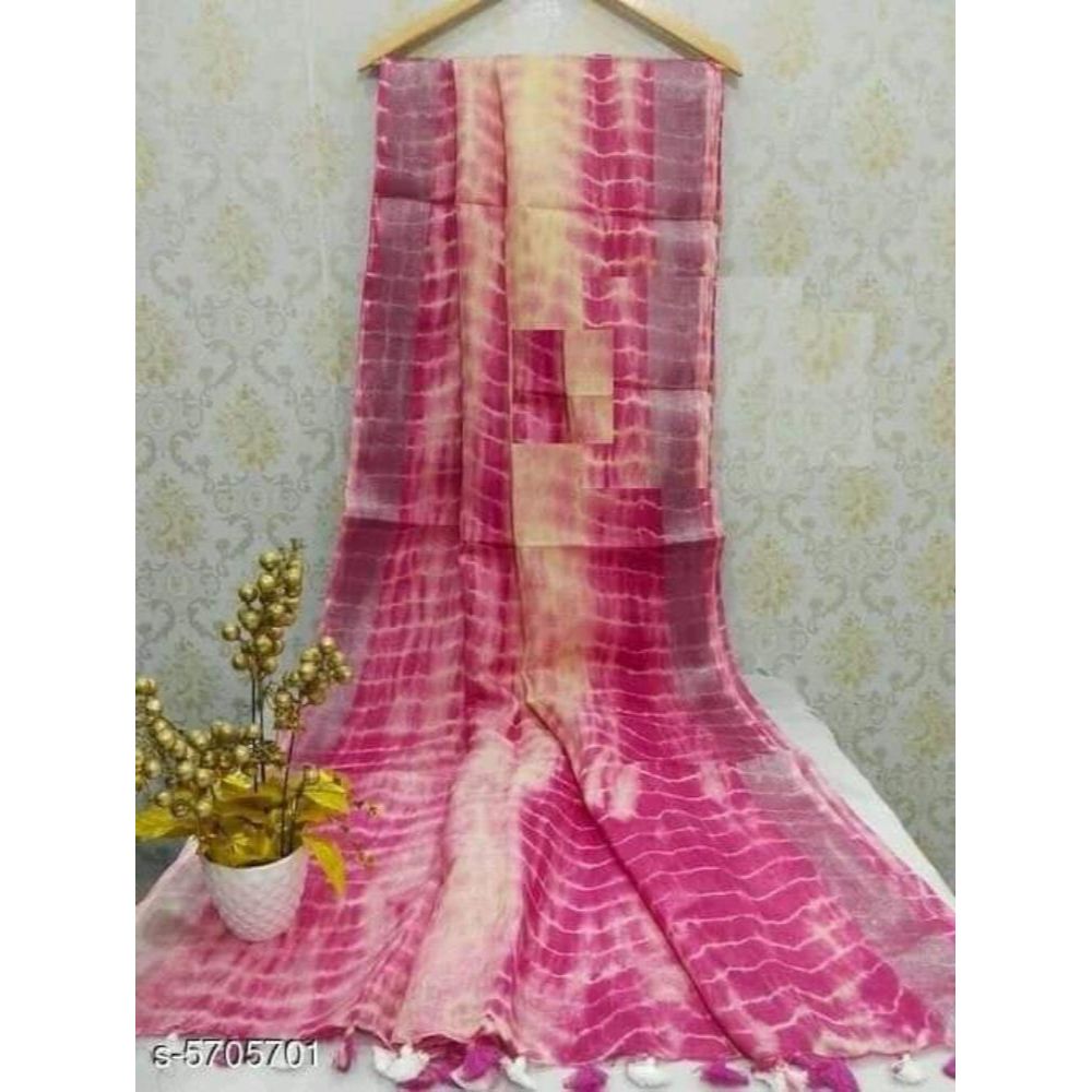 Linen Shibori Pink Hand Dyed Saree with Blouse-Indiehaat