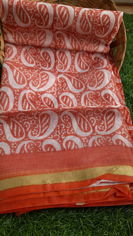 IndieHaat|Kota Cotton Saree Printed Orange 11% Off