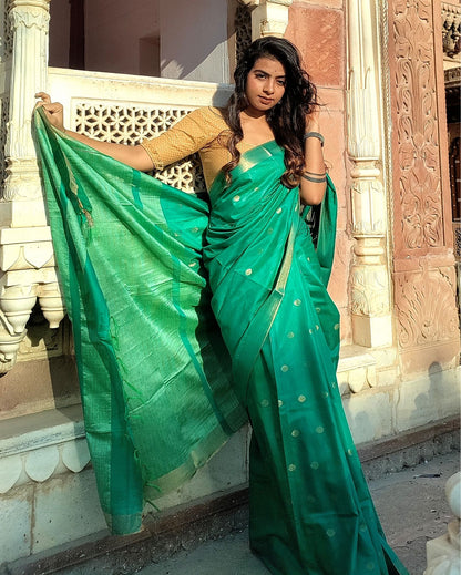 Katan Staple Silk Saree Green Color with running blouse - IndieHaat