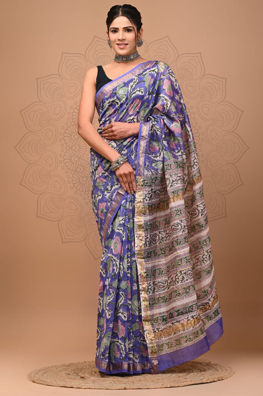 Pure Maheshwari Silk Saree Blue Hand block Printed with running blouse (Silk by Silk)-Indiehaat