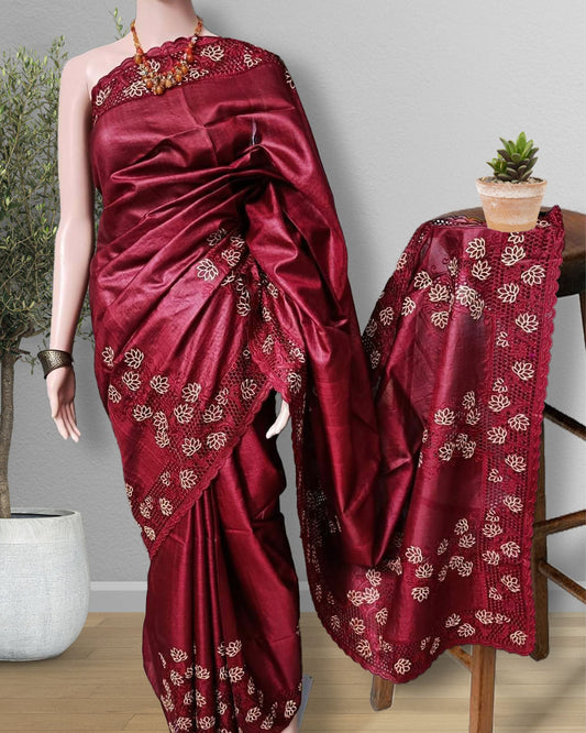 Silkmark Certified Pure Tussar Hand Cutwork Red Color Saree (Tussar by Tussar Fabric) - IndieHaat