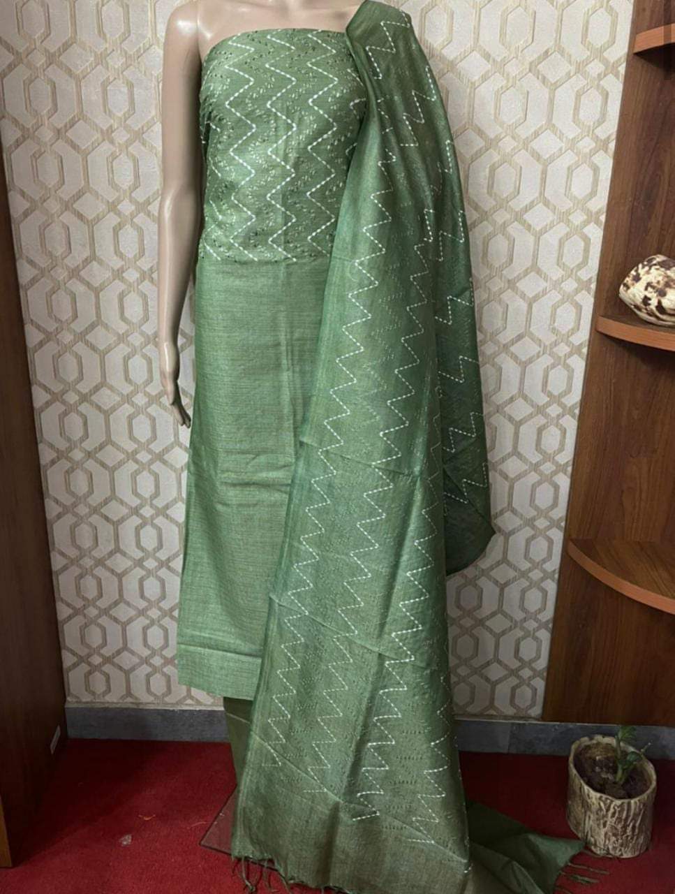 Katan Silk Suit Piece Davy's Grey Green Colour with Bottom and Dupatta Digital Zig-Zag Embroidered