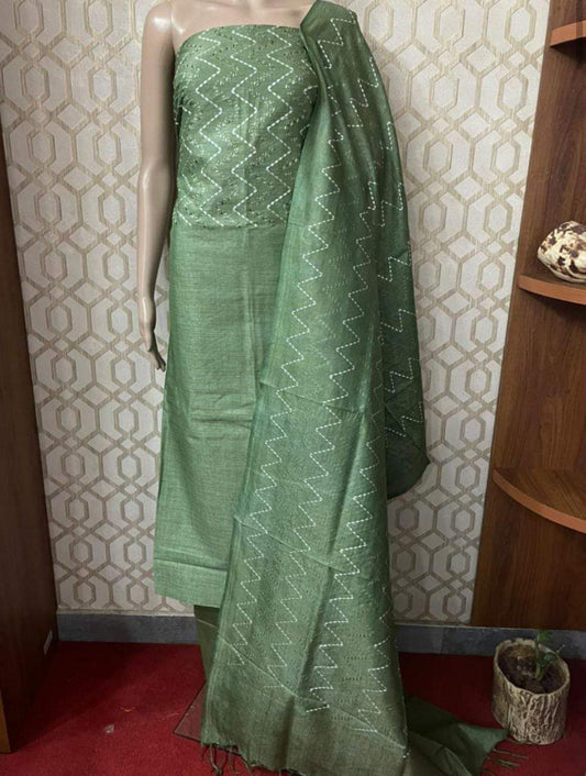 Khadi Cotton Suit Piece Green Color with Bottom and Dupatta Digital Zig-Zag Embroidered-Indiehaat