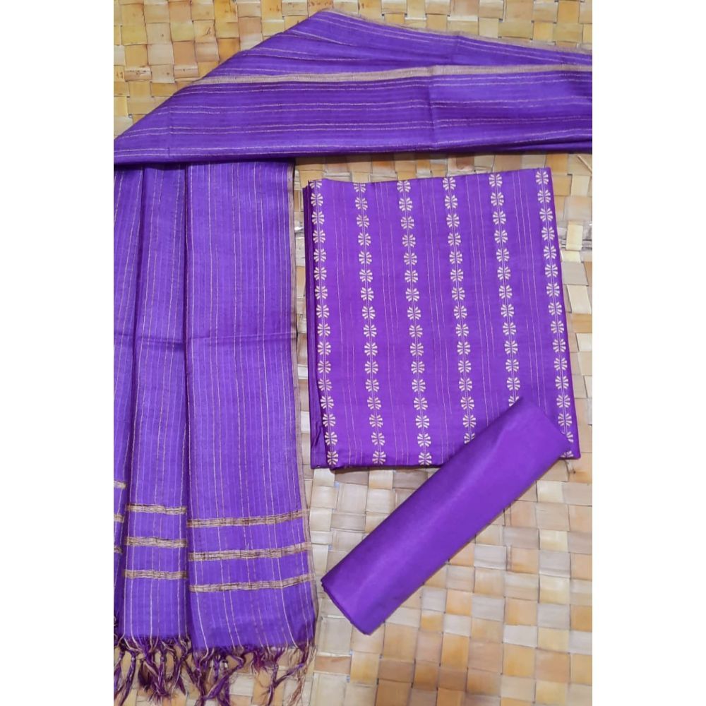 Katan Silk Purple color Suit Piece with Bottom and Dupatta Handcrafted-Indiehaat