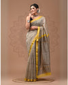 Maheshwari Silk Saree beige Handblock Printed With running blouse (Silk by Silk)