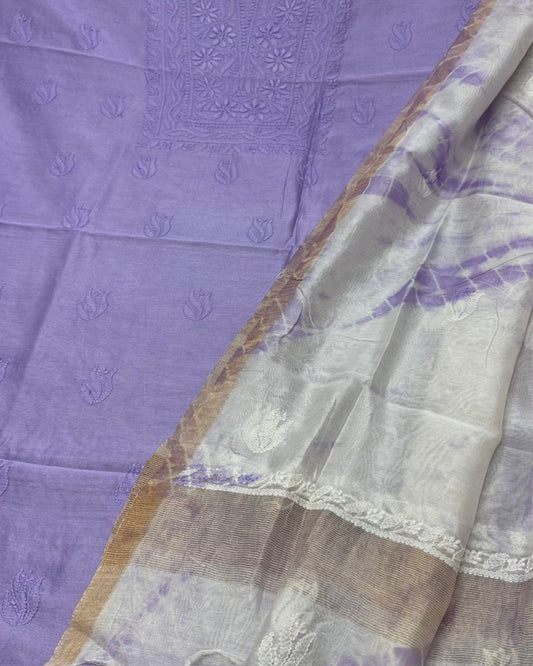 Pure Chanderi Silk Kurti Lavender Purple Color with heavy Chikankari work Dupatta - IndieHaat