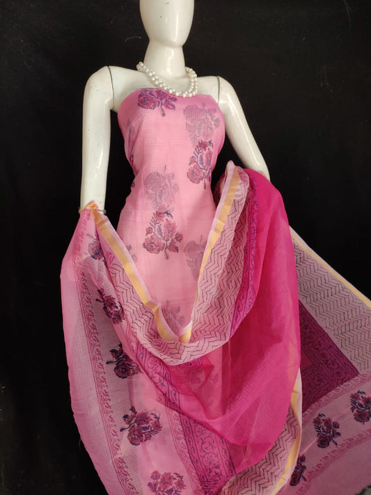 Kota Doria Pink Suit Material Handblock Printed with Zari Border Dupatta-Indiehaat