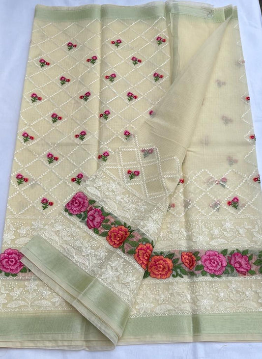 Kota Doria Embroidery Cream Saree with blouse Handcrafted-Indiehaat