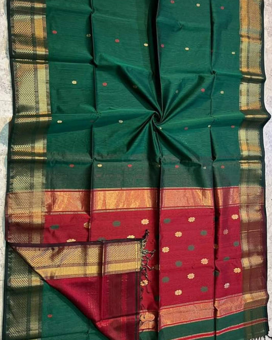Maheshwari Handloom Handwoven Saree Dark Geen Color Double Design Zari Border, flower work Buti pallu and running blouse - IndieHaat