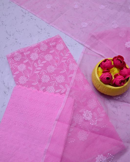 Kota Doria Suits Orchid Pink Color Embroidery Work (Top+Bottom+Dupatta) - IndieHaat
