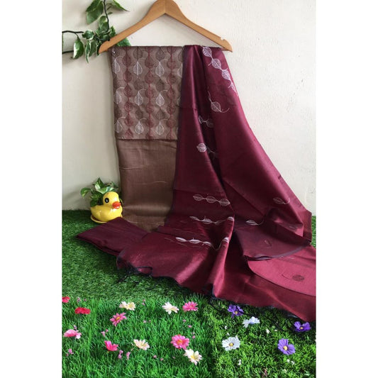 Katan Silk Brown Suit Piece with Maroon Bottom and Dupatta Embroidered-Indiehaat