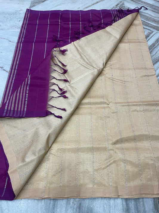 Mangalagiri Plain Pattu Saree Beige Color with Zari Line Weaving, Contrast Pallu and Blouse