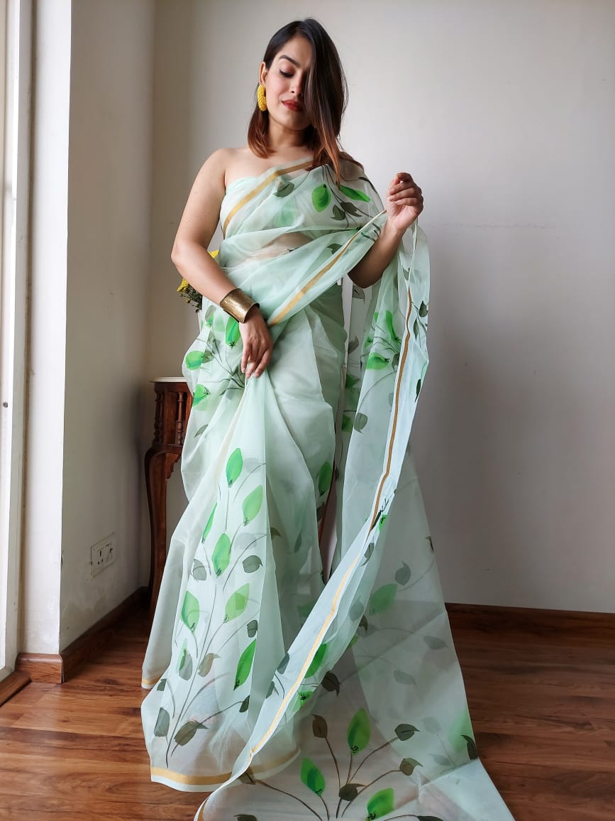 Light Blue Floral Digital Printed Latest Organza Saree and Blouse Set –  Indian Dresses | Hand painted dress, Saree, Hand painted sarees