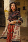 Handblock Printed Cotton Lehanga And Top With Mulmul Dupatta (Size: 34-46) Dark Gray & Red Color-Indiehaat