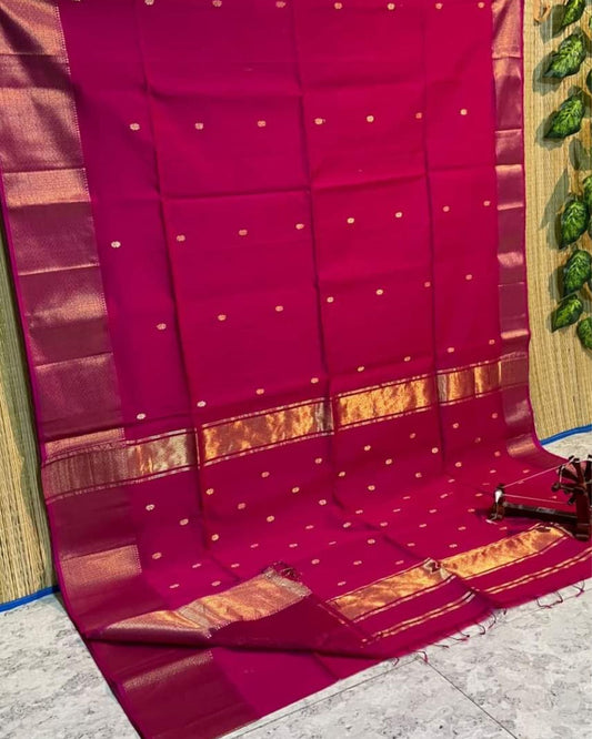 Maheshwari Handloom Handwoven Saree Dark Magenta  Color Double Design Zari Border with flower buti pallu and contrast blouse - IndieHaat