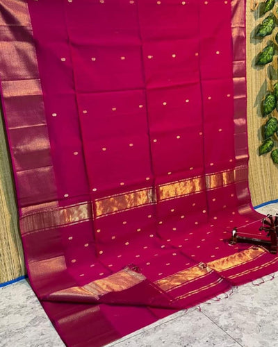 Maheshwari Handloom Handwoven Saree Dark MagentaColor Double Design Zari Border with flower buti pallu and contrast blouse - IndieHaat
