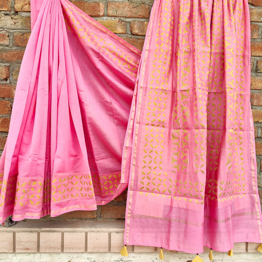 Chanderi Silk Peach Saree Hand Applique Work with running blouse-Indiehaat