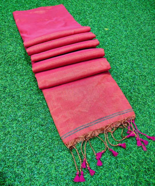 Tissue Cotton Saree Tassel Pink 18% Off IndieHaat