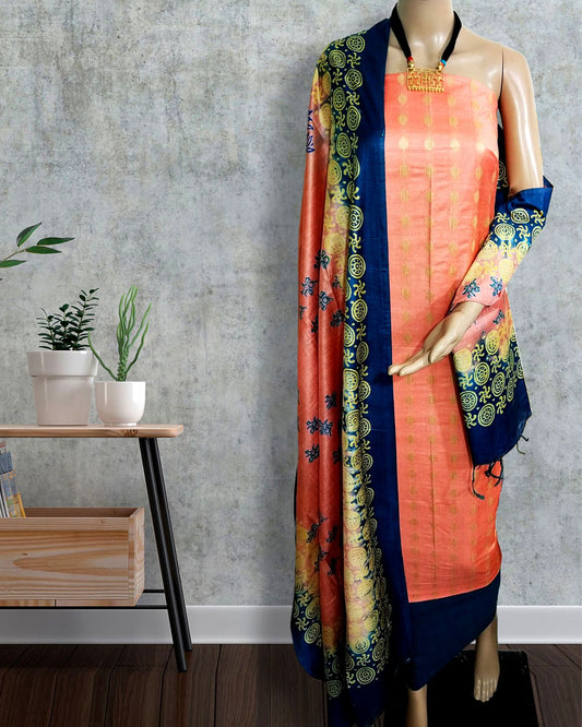 Katan Silk Suit Piece Peach Color with Printed Dupatta - IndieHaat