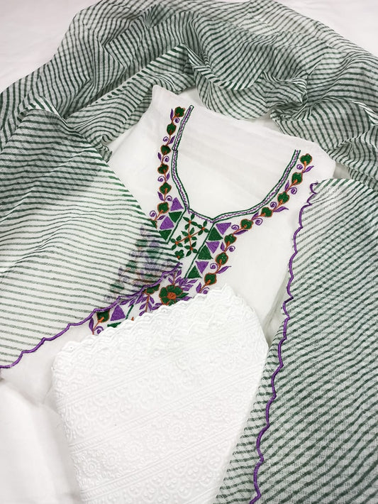 Kota Doria Embroidery White Suit Material with Leheriya Green Dupatta and Chikenkari Bottom-Indiehaat