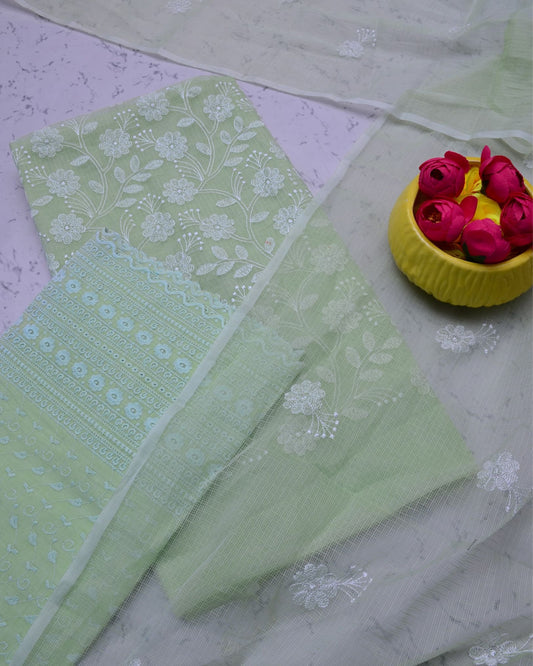 Kota Doria Suits Olive Green Color Embroidery Work (Top+Bottom+Dupatta) - IndieHaat