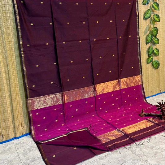 Maheshwari Silk Saree Butta Body Violet Color with golden zari weaving border and running blouse (Butta Design) - IndieHaat