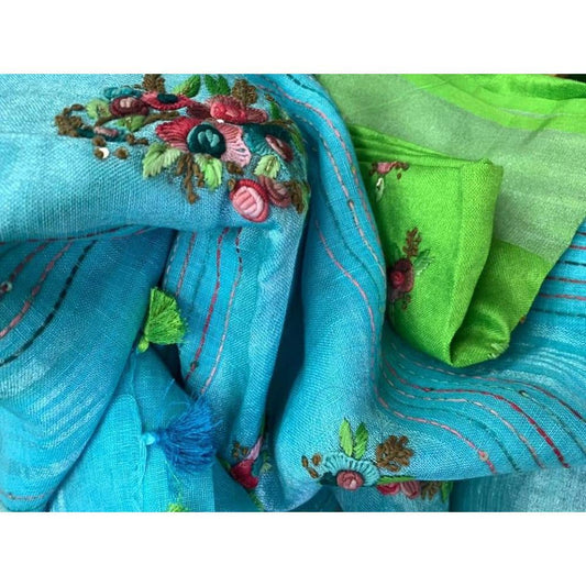 Pure Linen Floral Embroidered Blue Saree with Embroidered Blouse-Indiehaat