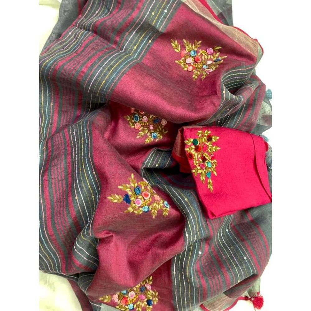 Pure Linen Floral Embroidered Red Saree with Embroidered Blouse-Indiehaat