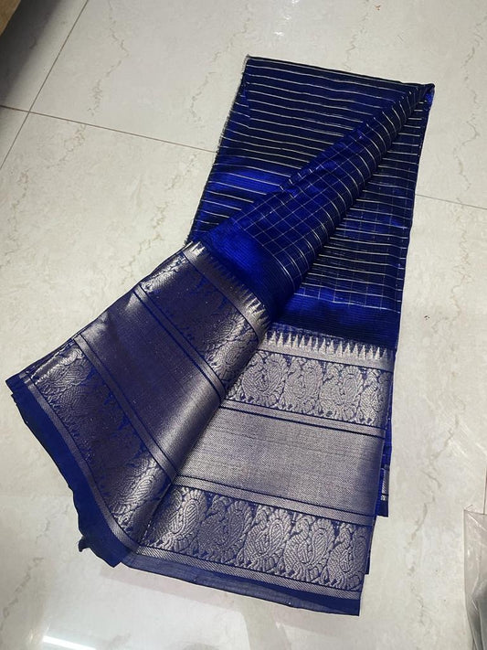 Mangalagiri Handloom Silk Saree Dark Blue Color Silver Zari Checks with Kanchi Border, running pallu and blouse - IndieHaat