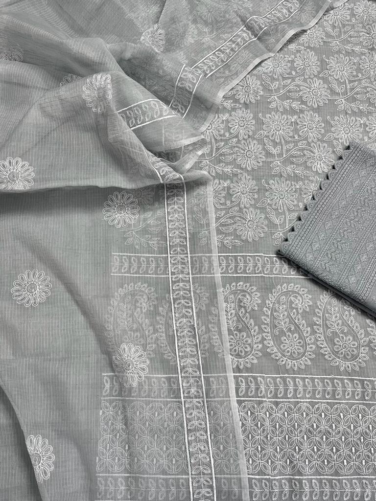 Kota Doria Embroidery Work Suits with Chikankari Embroidery work bottom Taupe Grey Colour (TOP+DUPATTA+BOTTOM)