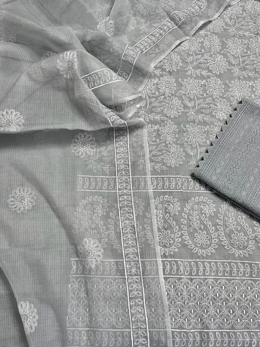 Kota Doria Embroidery Work Suit Material with Chikankari Embroidery work bottom Taupe Grey Colour (TOP+DUPATTA+BOTTOM)-Indiehaat