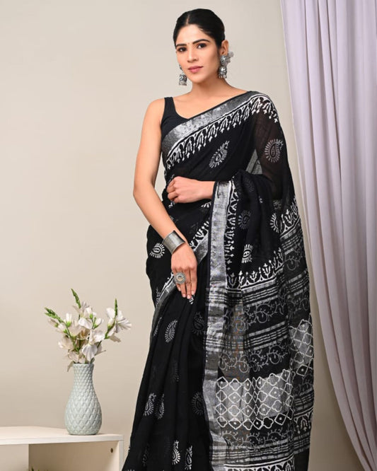 Linen Saree Black Color Handblock Kalamkari Printed with running blouse - IndieHaat
