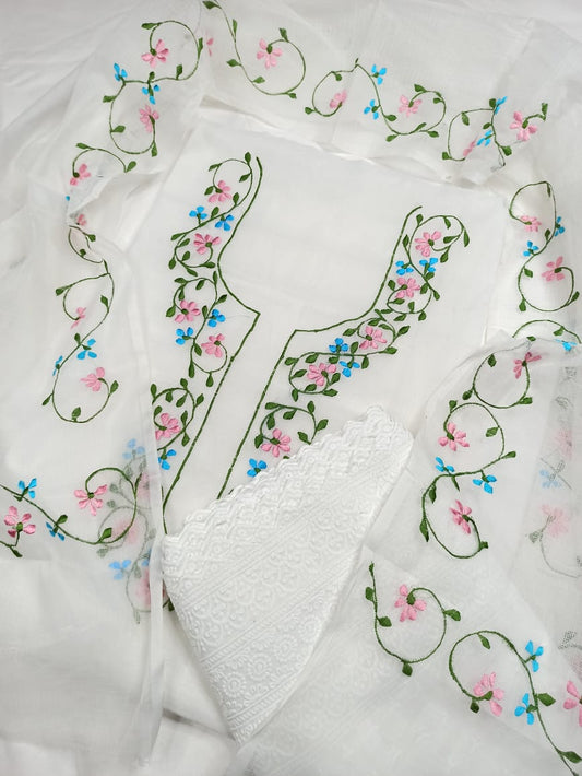 Kota Doria Embroidery White Suit Material with Matching Dupatta and Chikenkari Bottom-Indiehaat