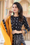 Handblock Printed Cotton Black and Yellow Lehanga And Top With Mulmul Dupatta | Indiehaat