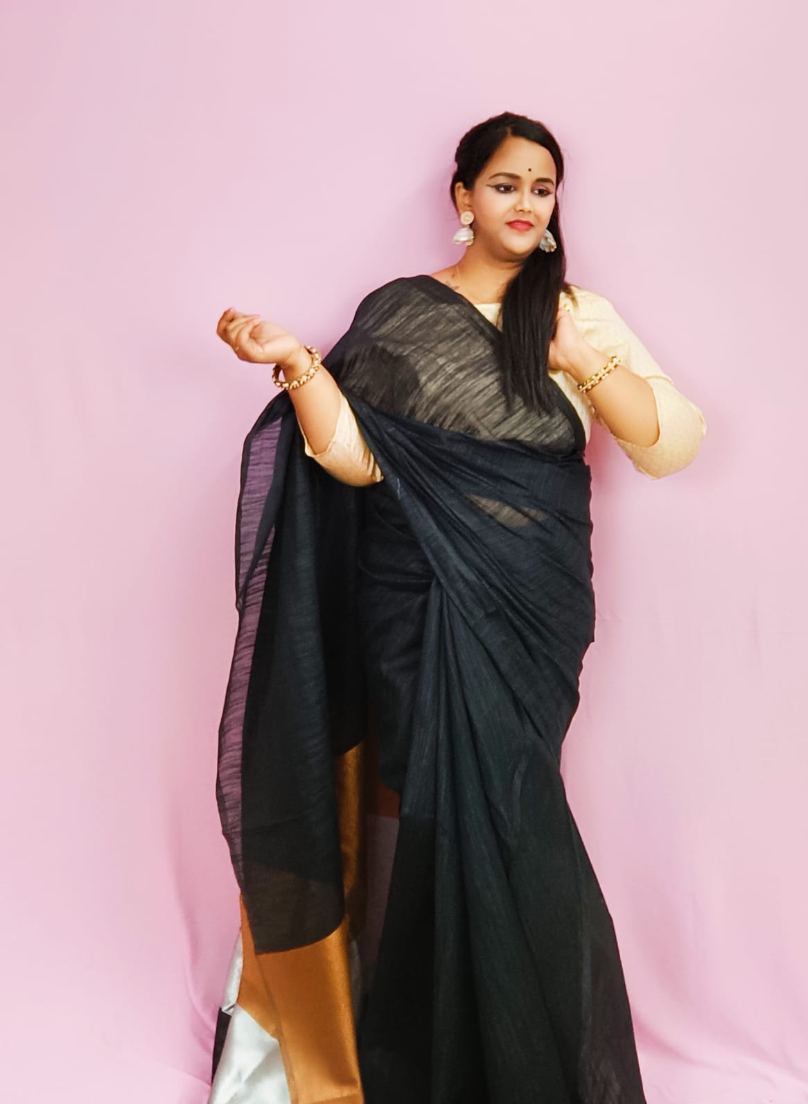 Silk Linen Black colour Plain Saree with contrast border and attached Blouse (Any Colour Customizable)