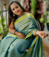 Handdyed Pure Tissue Linen Digital Embroidered Saree Blue Colour With Running Blouse-Indiehaat