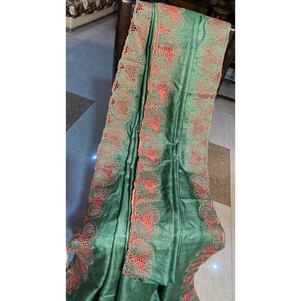 Silkmark Certifiied Pure Tussar Hand Cutwork Saree Bay Leaf Green (Tussar by Tussar Fabric)-Indiehaat