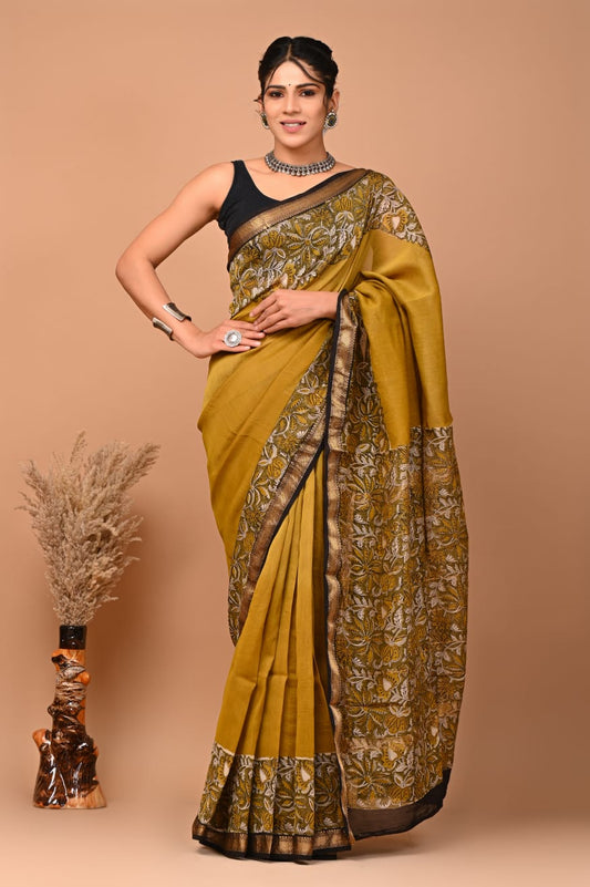 Pure Maheshwari Silk Saree Yellow Hand block Printed with running blouse (Silk by Silk)-Indiehaat