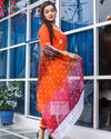 Pure Cotton Kota Doria Suits (Top+Bottom+Dupatta) Orange Color Stitch embroidery with Hand Bandhej work Dupatta - Indiehaat