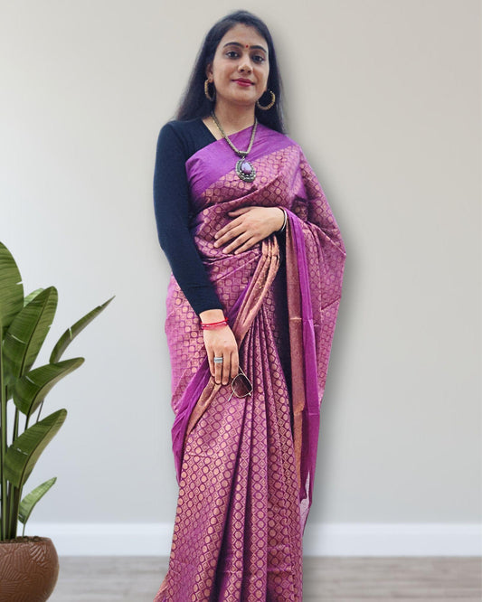 IndieHaat | Katan Silk Purple Saree Jaquard Weaving Running Blouse