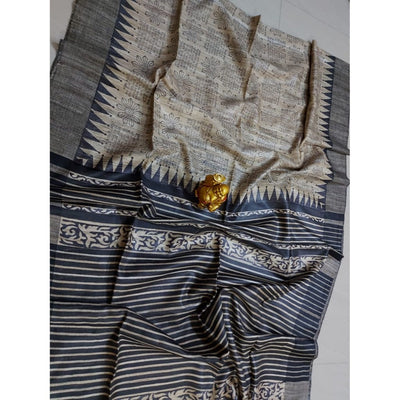 Silkmark Certified Tussar Silk Handloom Handblock Printed Blue Saree with Blouse-Indiehaat